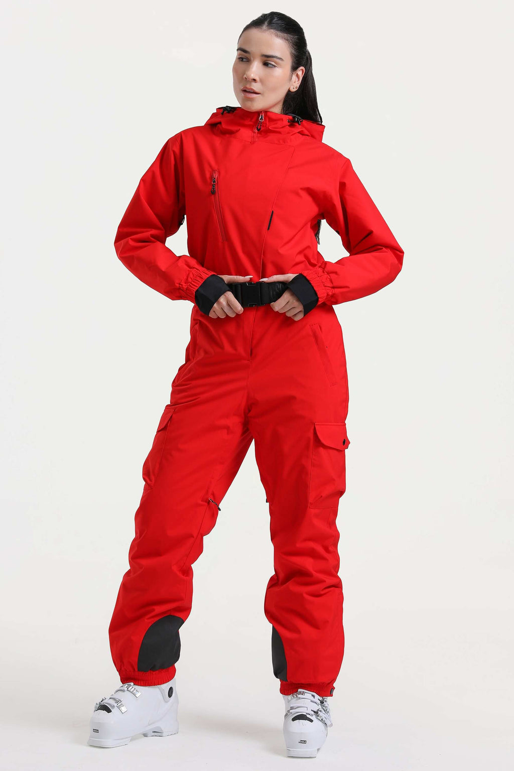 Women's Red Insulated Waterproof Asymmetric Design Belted Ski Suit One-Piece Snowboard Suit - Gsou Snow
