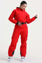 Women's Red Insulated Waterproof Asymmetric Design Belted Ski Suit One-Piece Snowboard Suit - Gsou Snow