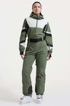 Women's Blue Insulated Color-Block Multi-Pocket Utility One-Piece Ski Suit Snowboard Suit