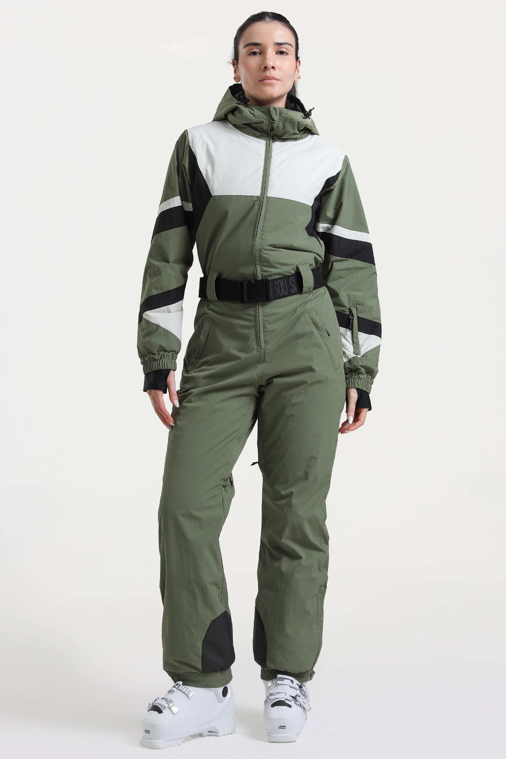 Women's Blue Insulated Color-Block Multi-Pocket Utility One-Piece Ski Suit Snowboard Suit