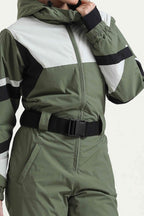 Women's Army Green Insulated Color-Block Utility One-Piece Ski Suit With Durable Fabric & Multiple Pockets Snowboard Suit - Gsou Snow