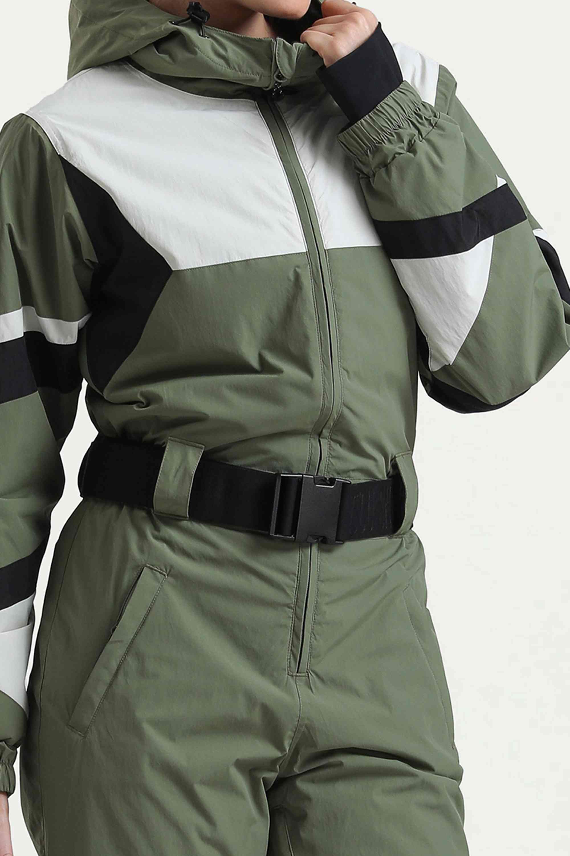 Women's Army Green Insulated Color-Block Utility One-Piece Ski Suit With Durable Fabric & Multiple Pockets Snowboard Suit - Gsou Snow