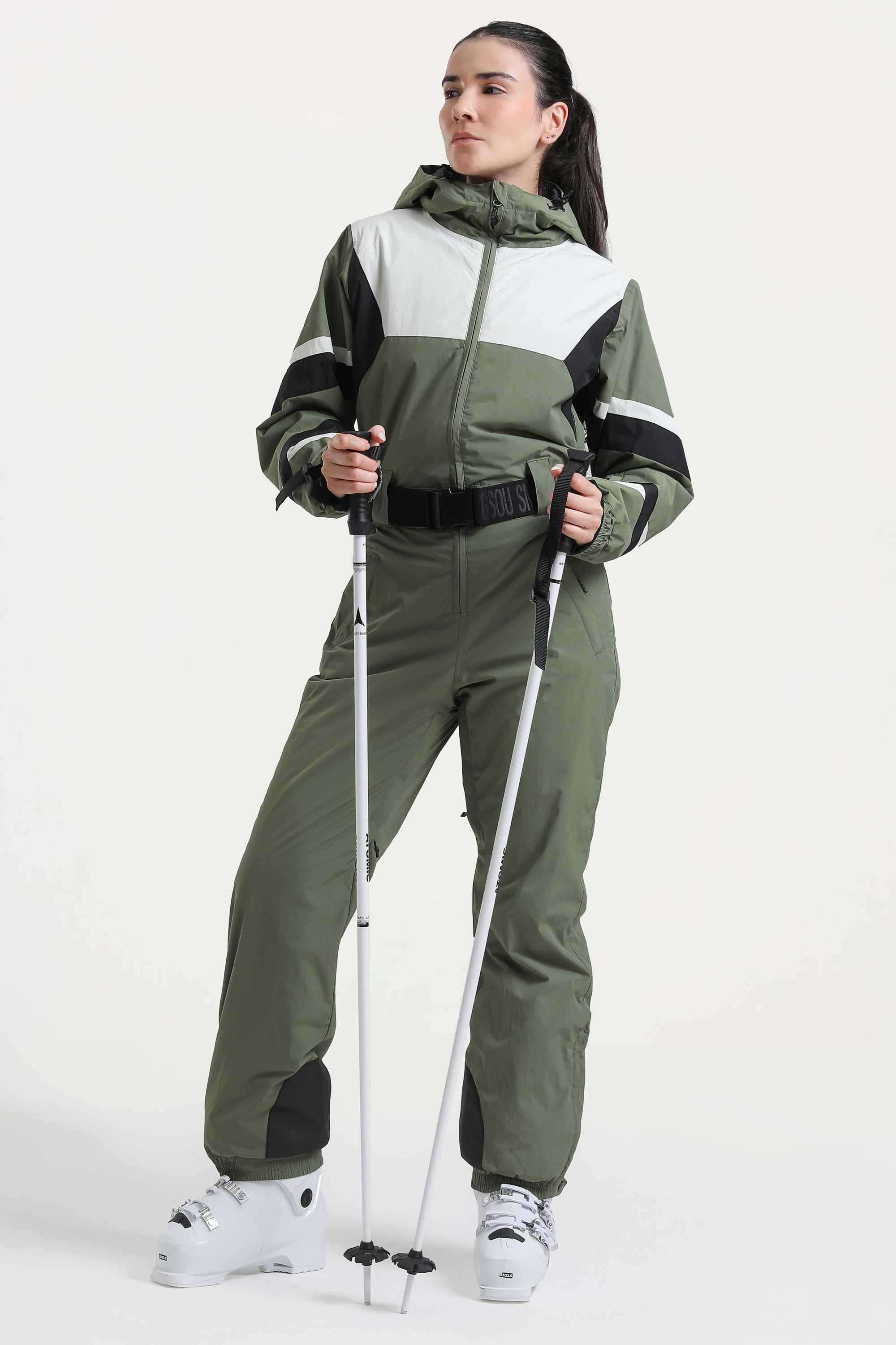 Women's Army Green Insulated Color-Block Utility One-Piece Ski Suit With Durable Fabric & Multiple Pockets Snowboard Suit - Gsou Snow