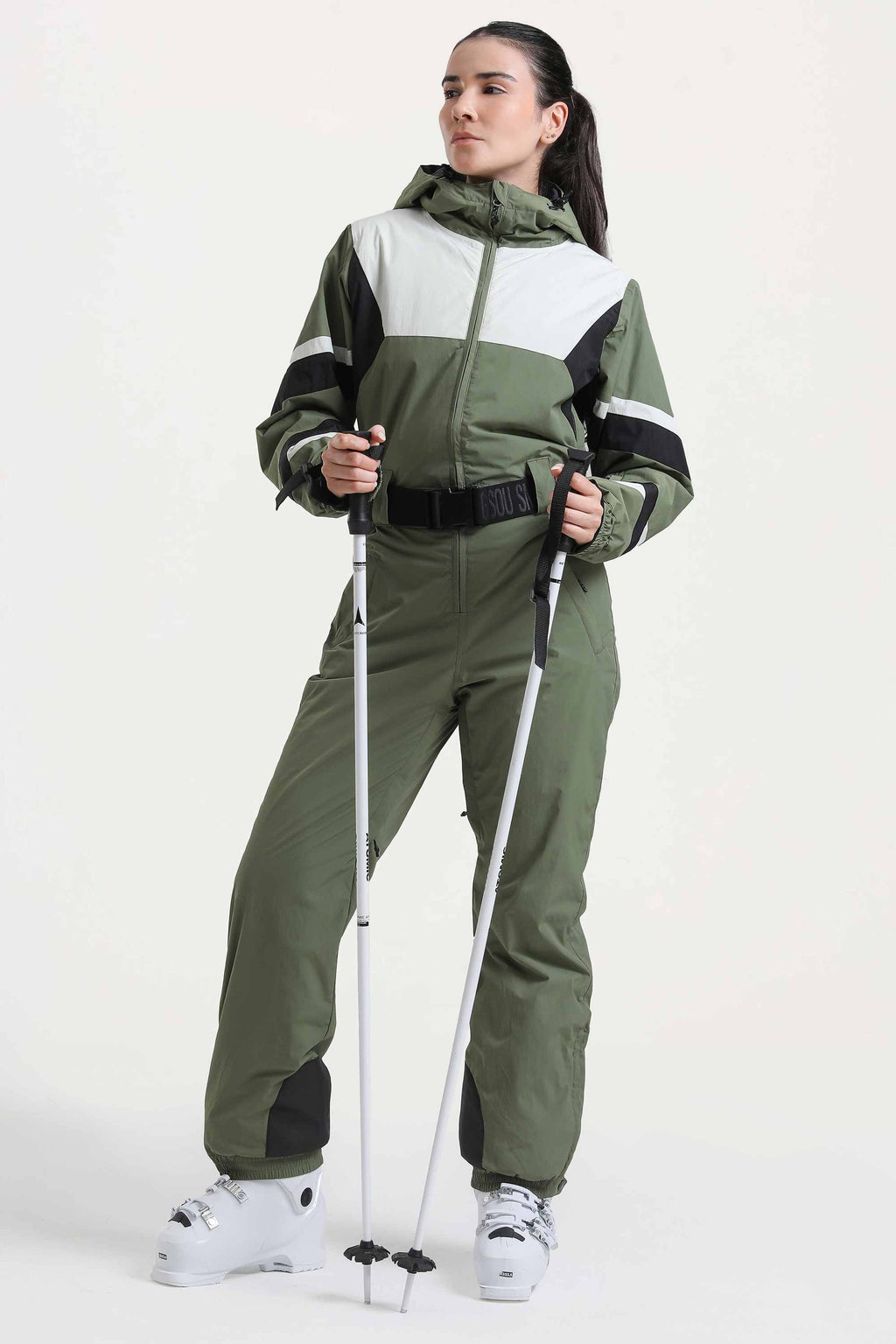 Women's Army Green Insulated Color-Block Multi-Pocket Utility One-Piece Ski Suit Snowboard Suit