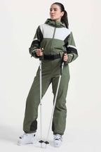 Women's Army Green Insulated Color-Block Multi-Pocket Utility One-Piece Ski Suit Snowboard Suit