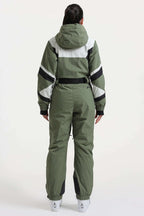 Women's Army Green Insulated Color-Block Utility One-Piece Ski Suit With Durable Fabric & Multiple Pockets Snowboard Suit - Gsou Snow