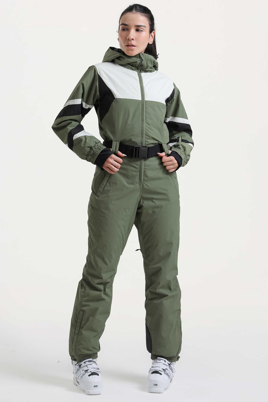 Women's Army Green Insulated Color-Block Multi-Pocket Utility One-Piece Ski Suit Snowboard Suit