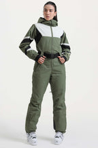 Women's Red Insulated Color-Block Multi-Pocket Utility One-Piece Ski Suit Snowboard Suit