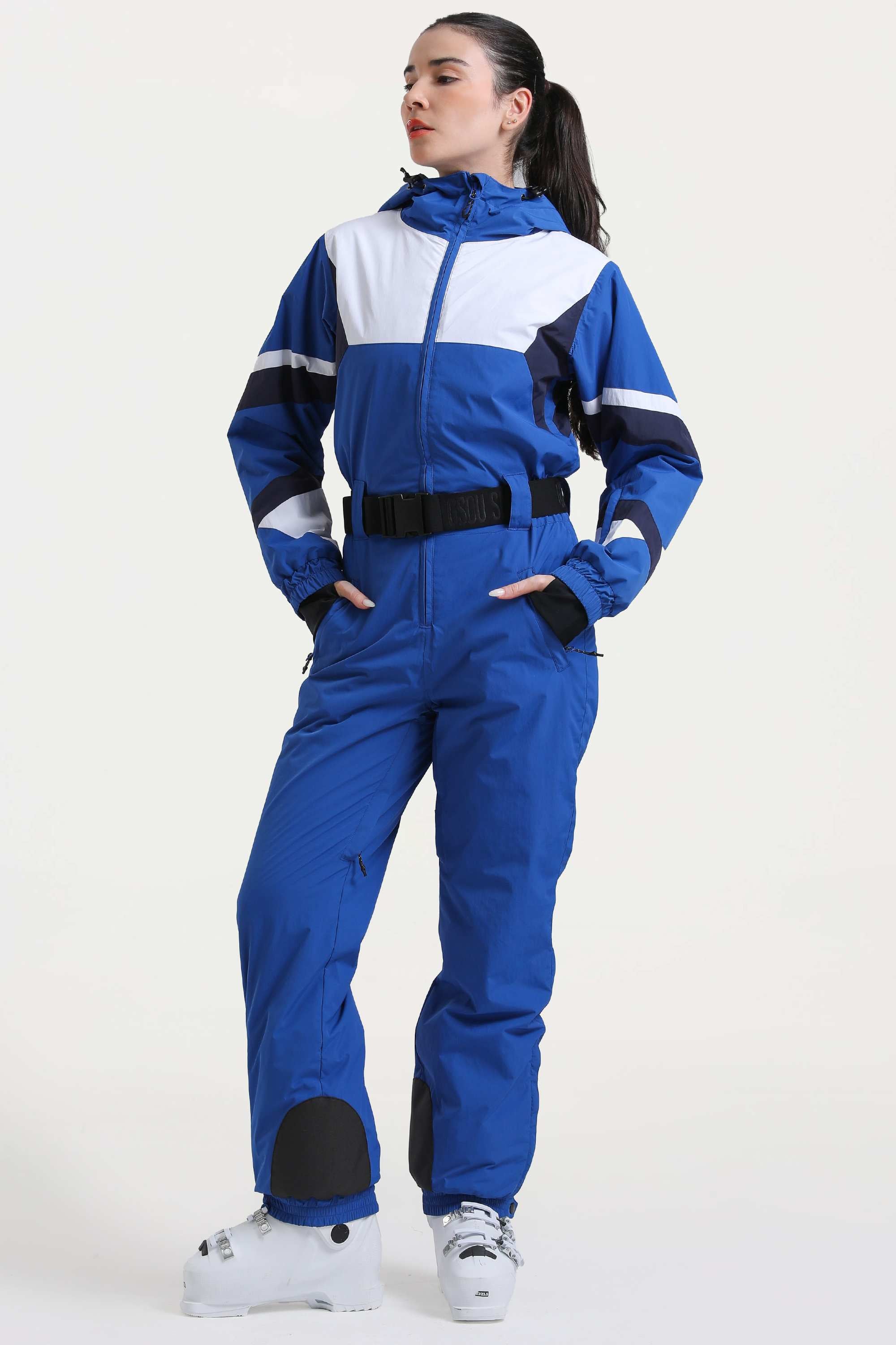 Women's Blue Insulated Color-Block Multi-Pocket Utility One-Piece Ski Suit Snowboard Suit Main image