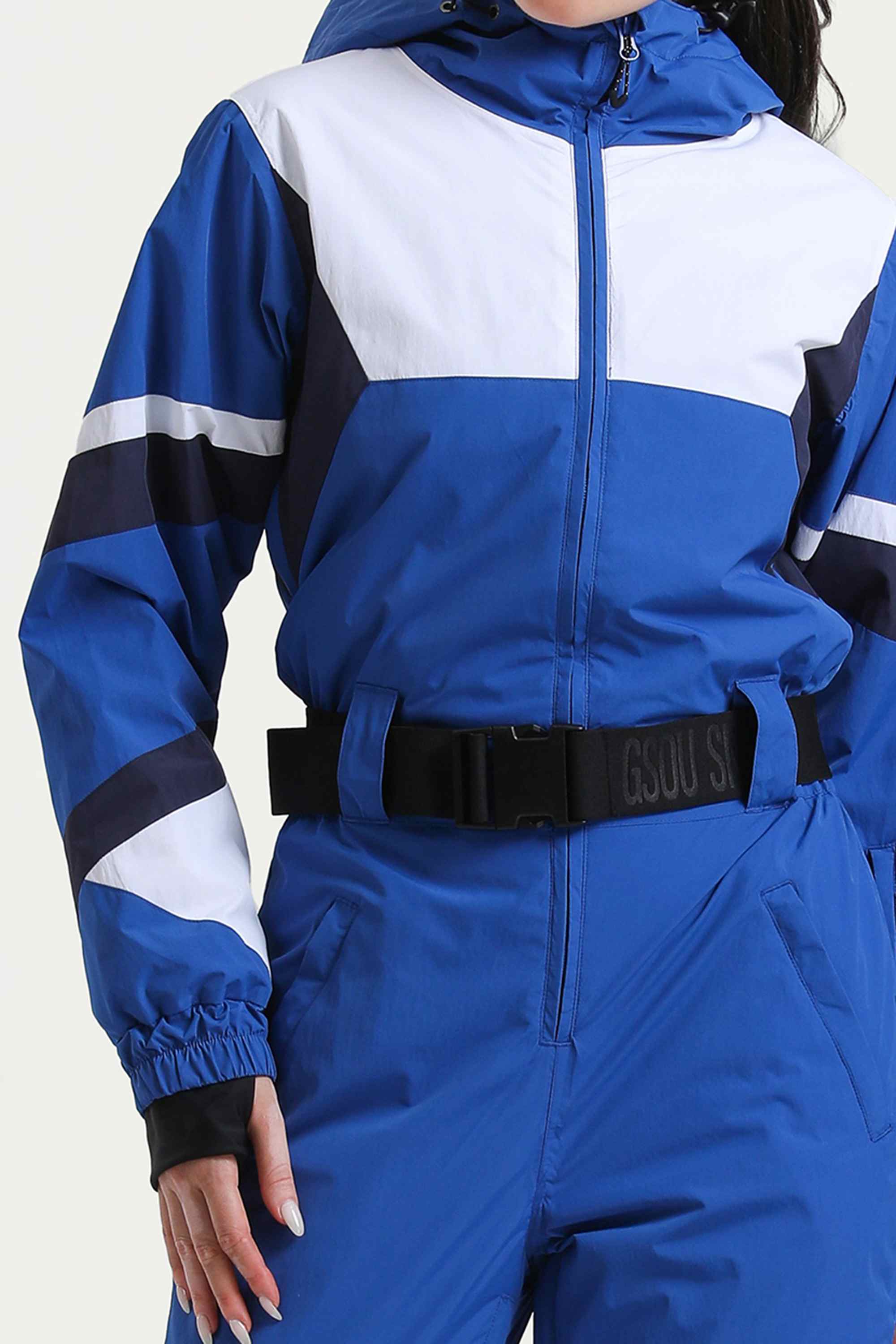Women's Blue Insulated Color-Block Utility One-Piece Ski Suit With Durable Fabric & Multiple Pockets Snowboard Suit - Gsou Snow