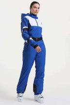 Women's Navy Insulated Color-Block Multi-Pocket Utility One-Piece Ski Suit Snowboard Suit
