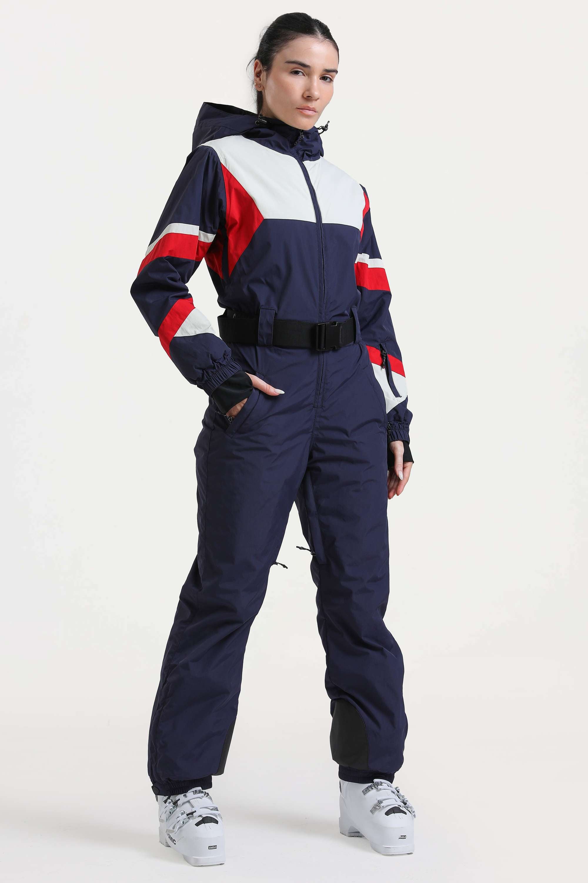 Women's Navy Insulated Color-Block Utility One-Piece Ski Suit With Durable Fabric & Multiple Pockets Snowboard Suit - Gsou Snow