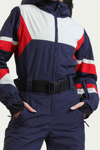 Women's Navy Insulated Color-Block Utility One-Piece Ski Suit With Durable Fabric & Multiple Pockets Snowboard Suit - Gsou Snow