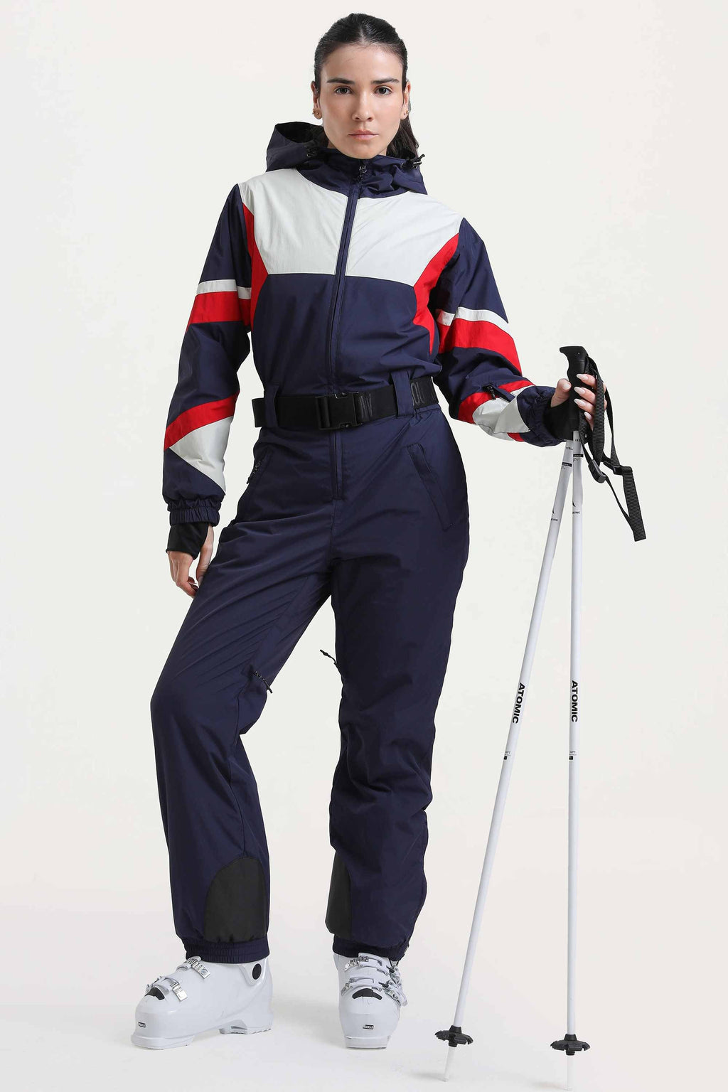 Women's Navy Insulated Color-Block Utility One-Piece Ski Suit With Durable Fabric & Multiple Pockets Snowboard Suit - Gsou Snow