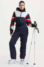 Women's Navy Insulated Color-Block Utility One-Piece Ski Suit With Durable Fabric & Multiple Pockets Snowboard Suit - Gsou Snow