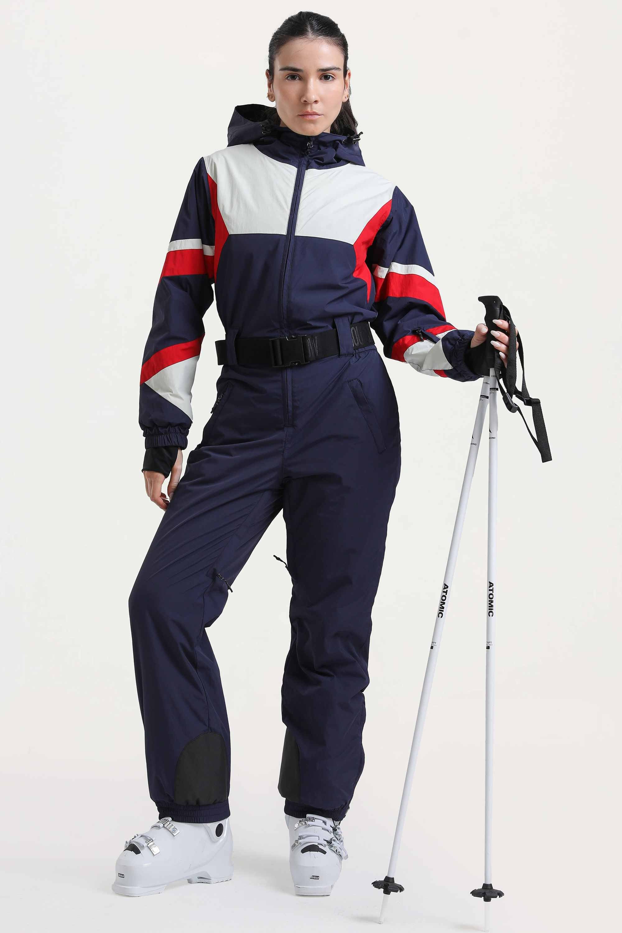 Women's Navy Insulated Color-Block Utility One-Piece Ski Suit With Durable Fabric & Multiple Pockets Snowboard Suit - Gsou Snow