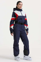 Women's Navy Insulated Color-Block Utility One-Piece Ski Suit With Durable Fabric & Multiple Pockets Snowboard Suit - Gsou Snow