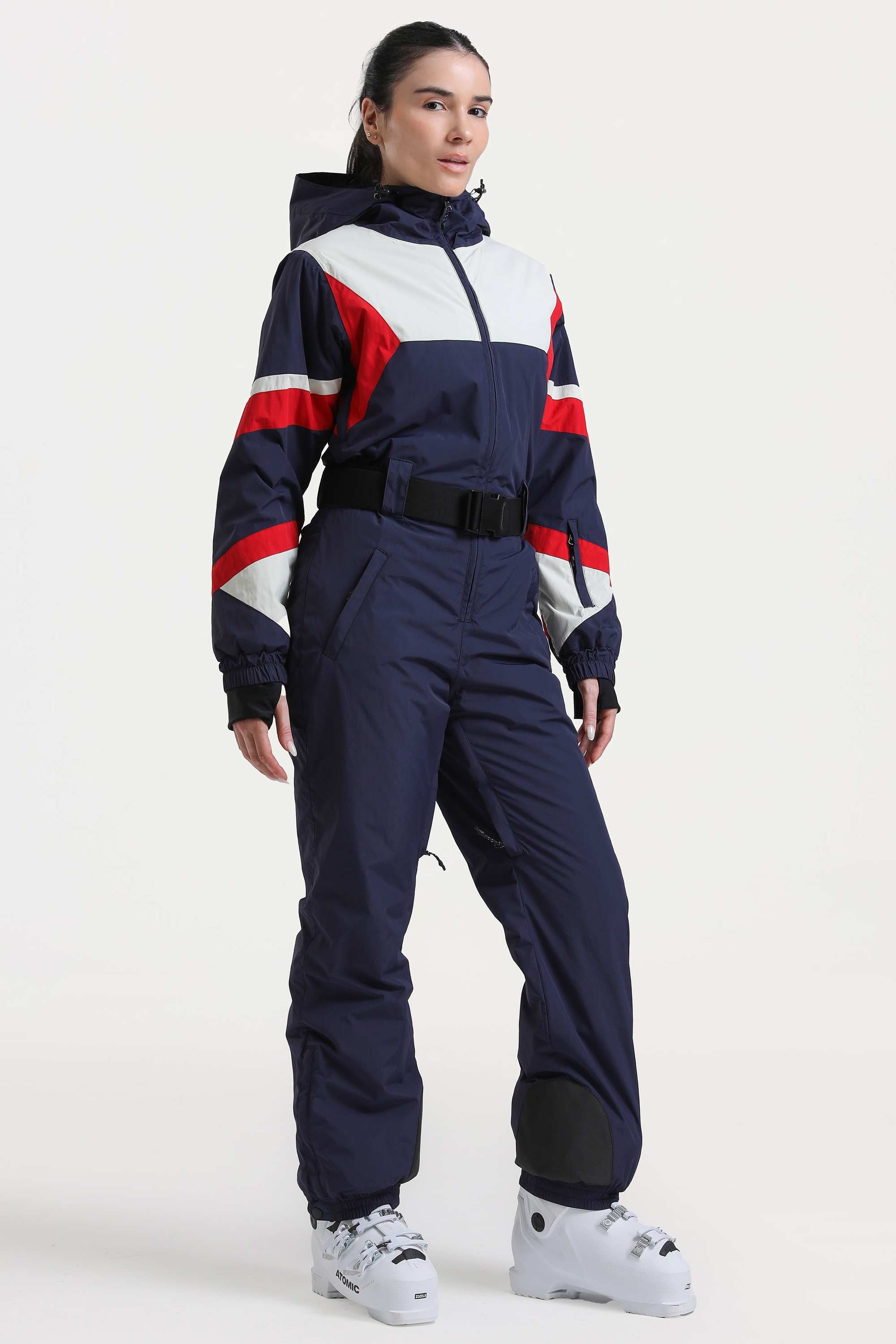 Women's Navy Insulated Color-Block Utility One-Piece Ski Suit With Durable Fabric & Multiple Pockets Snowboard Suit - Gsou Snow