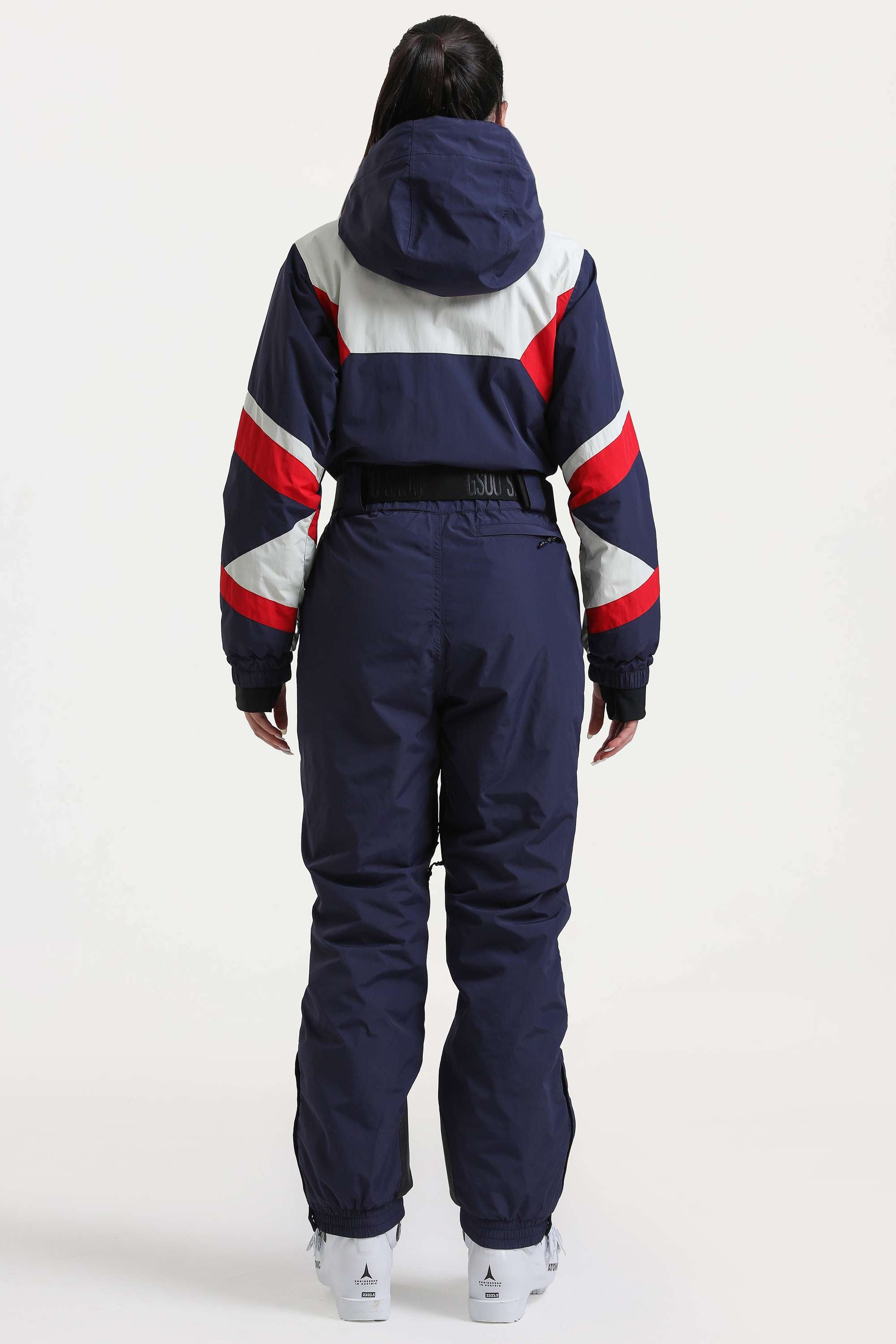Women's Navy Insulated Color-Block Utility One-Piece Ski Suit With Durable Fabric & Multiple Pockets Snowboard Suit - Gsou Snow