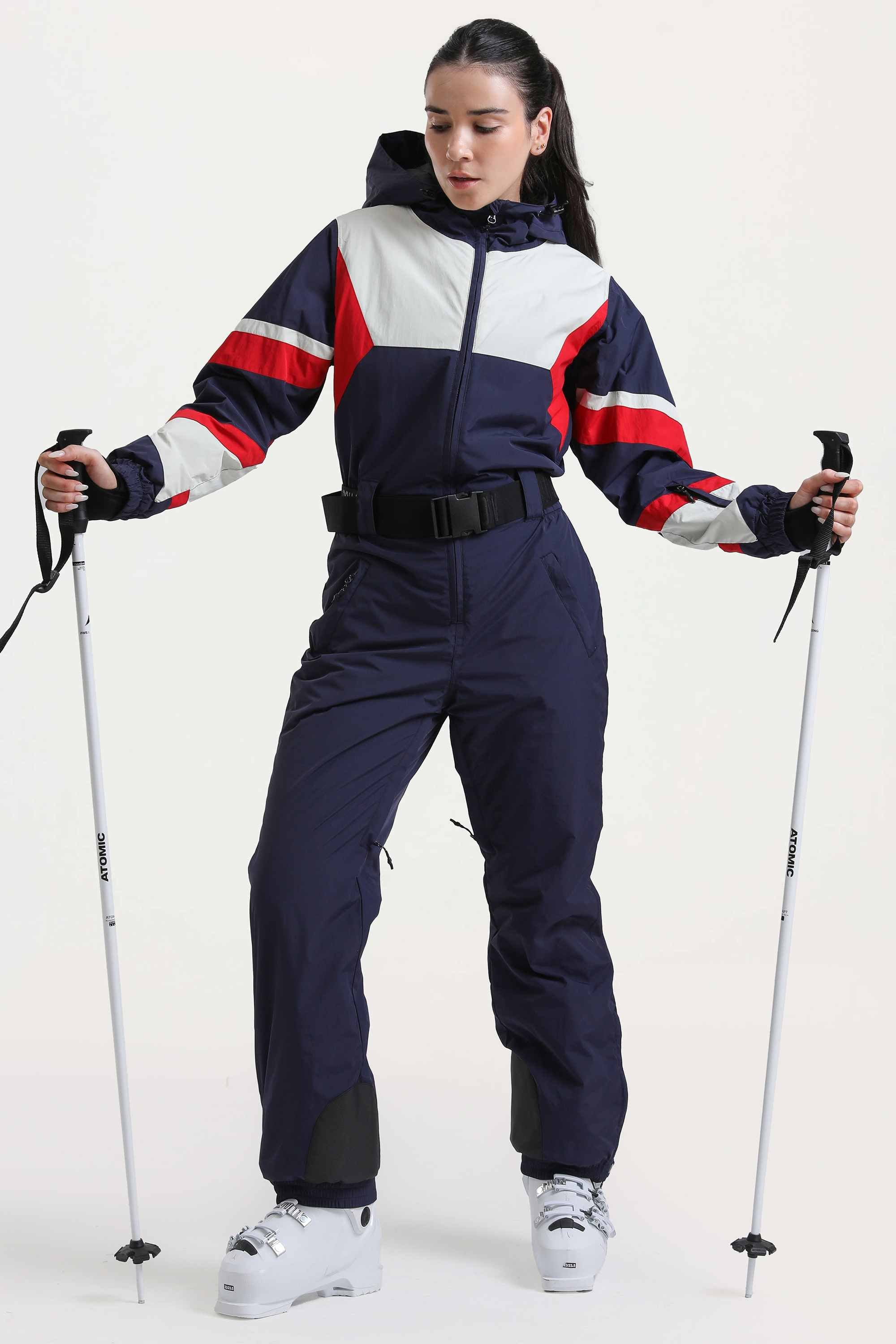 Women's Navy Insulated Color-Block Utility One-Piece Ski Suit With Durable Fabric & Multiple Pockets Snowboard Suit - Gsou Snow