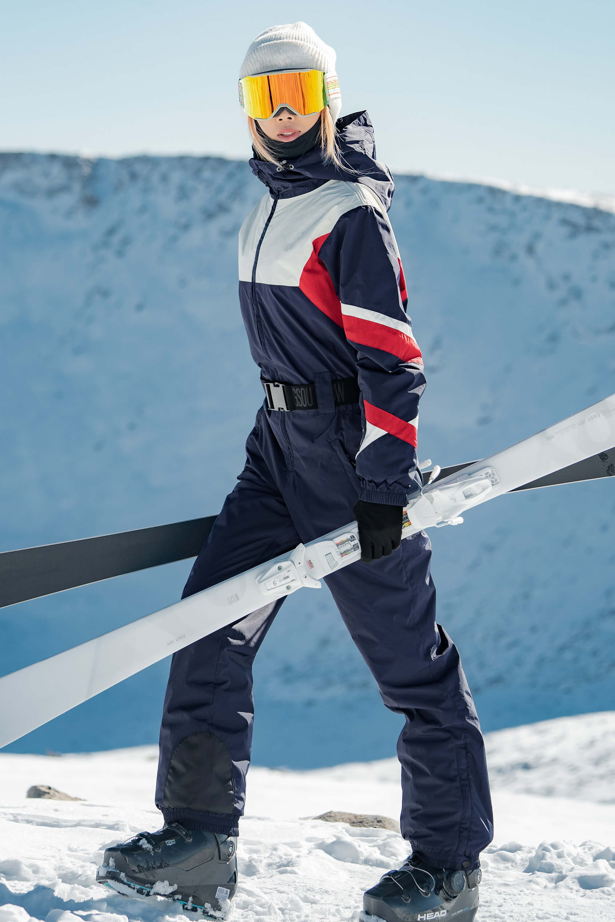 Women's Red Insulated Color-Block Multi-Pocket Utility One-Piece Ski Suit Snowboard Suit