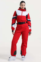 Women's Blue Insulated Color-Block Utility One-Piece Ski Suit With Durable Fabric & Multiple Pockets Snowboard Suit - Gsou Snow