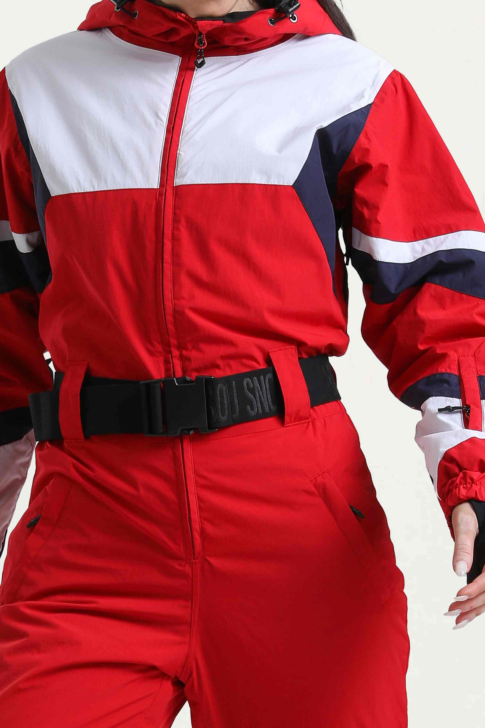 Women's Red Insulated Color-Block Utility One-Piece Ski Suit With Durable Fabric & Multiple Pockets Snowboard Suit - Gsou Snow