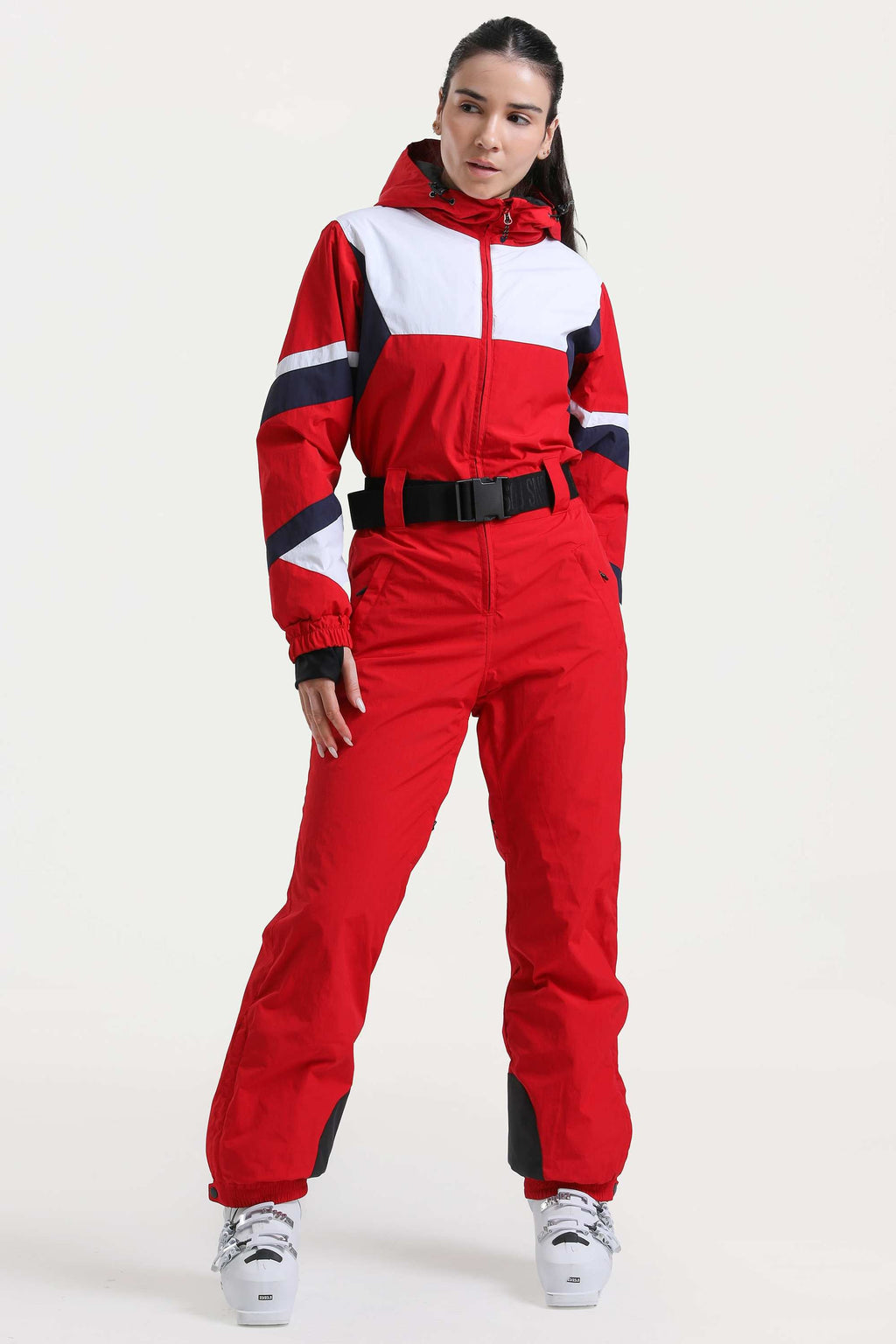 Women's Red Insulated Color-Block Utility One-Piece Ski Suit With Durable Fabric & Multiple Pockets Snowboard Suit - Gsou Snow