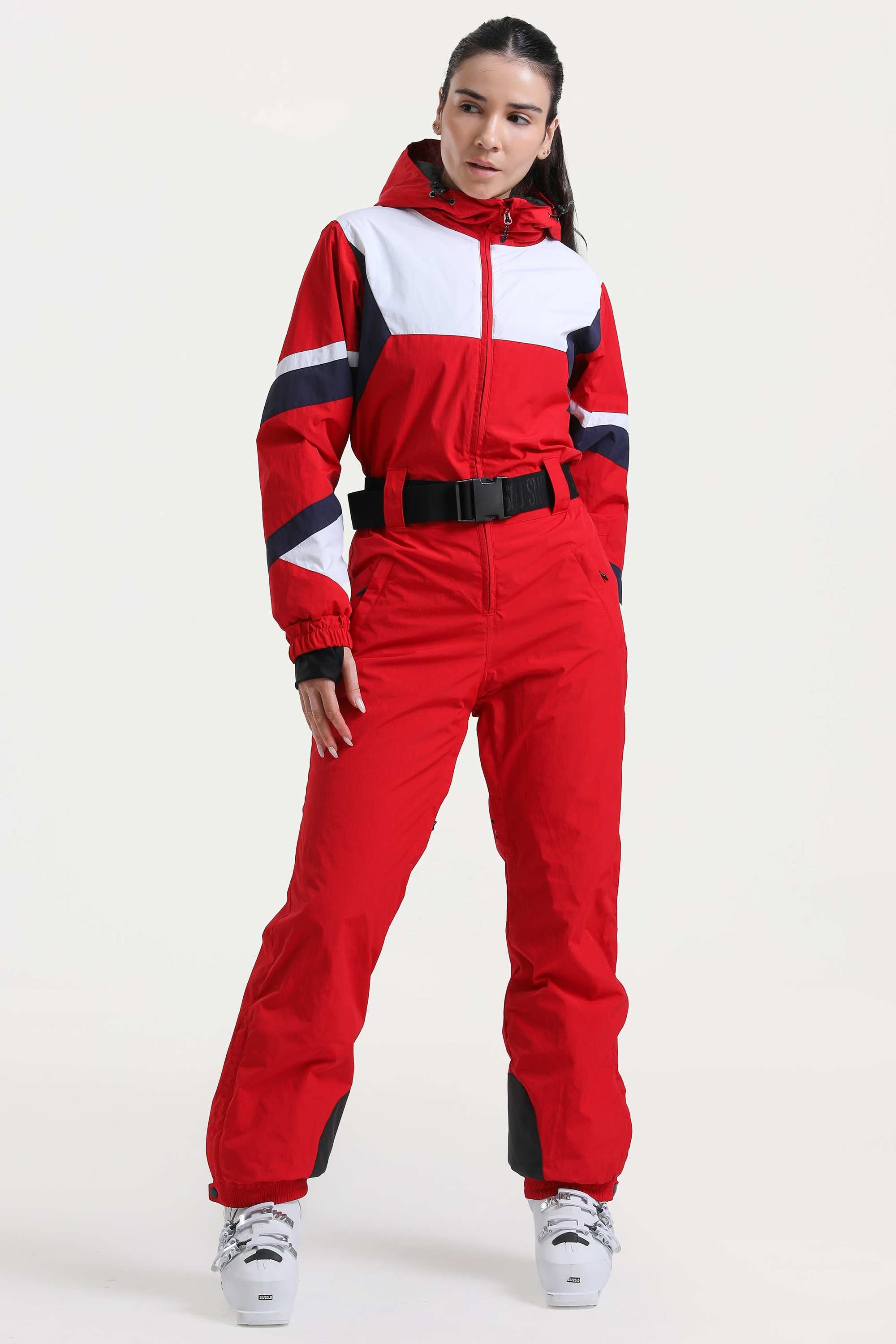 Women's Red Insulated Color-Block Utility One-Piece Ski Suit With Durable Fabric & Multiple Pockets Snowboard Suit - Gsou Snow