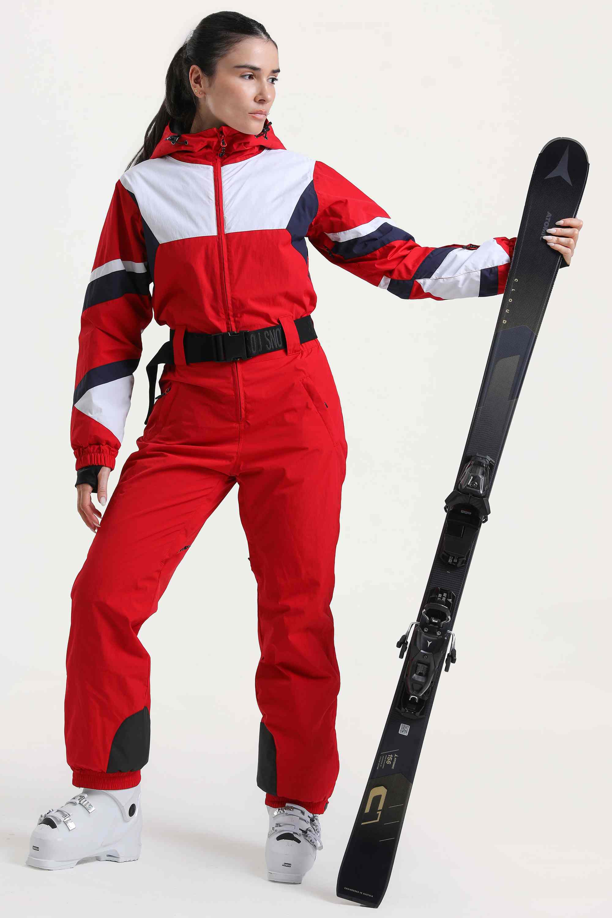 Women's Red Insulated Color-Block Utility One-Piece Ski Suit With Durable Fabric & Multiple Pockets Snowboard Suit - Gsou Snow