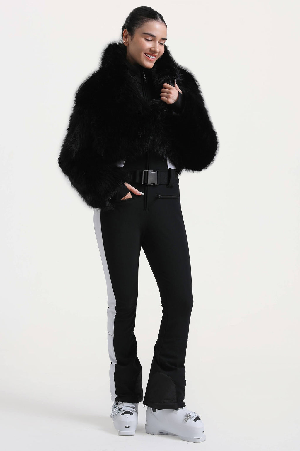 Women's Black Slim-Fit Detachable Faux Fox Fur Flared-Leg One-Piece Ski Suit Snowboard Suit