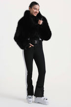 Women's Black Stylish Slim-Fit One-Piece Ski Suit With Detachable Faux Fox Fur Jacket & Flared Legs Snowboard Suit - Gsou Snow