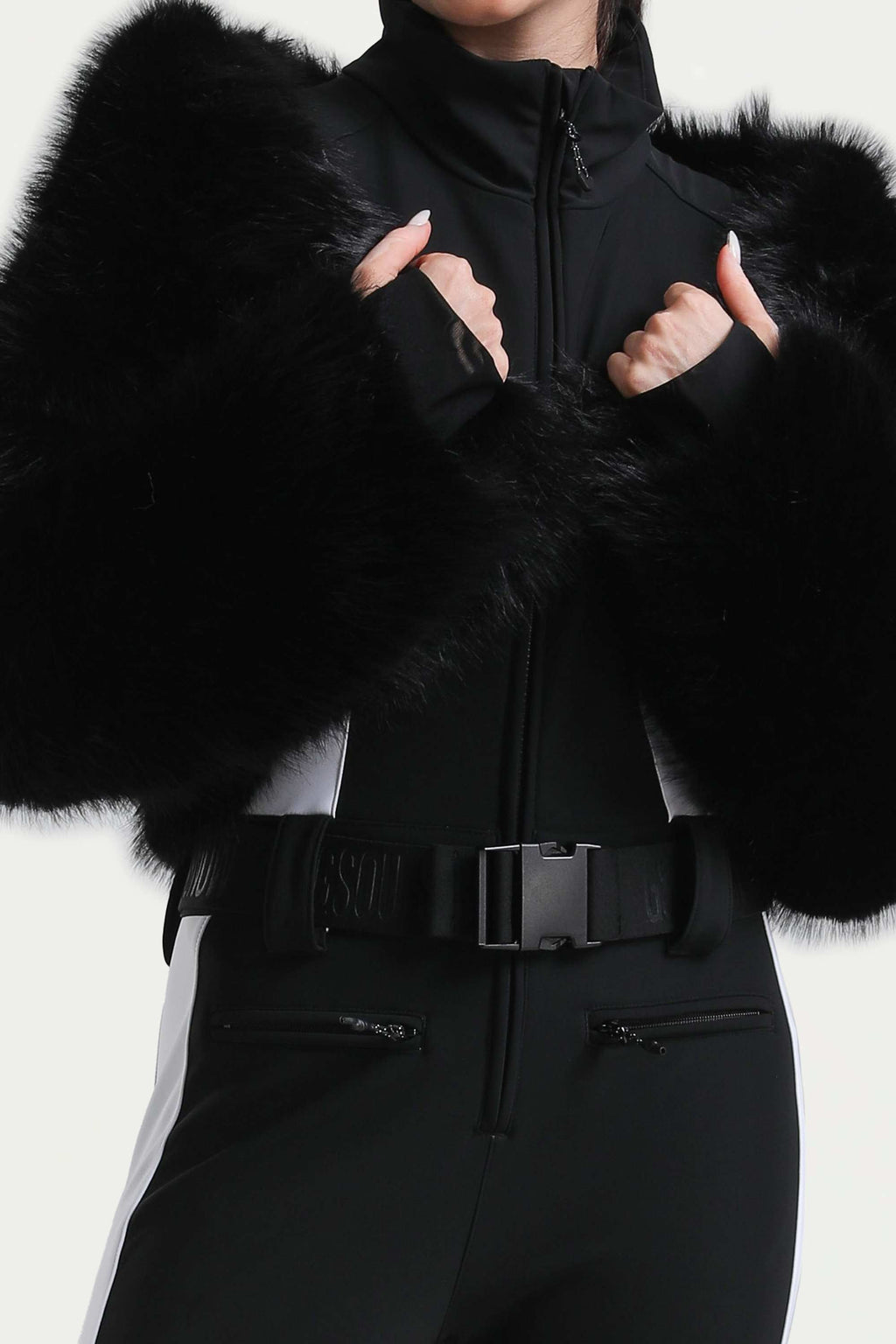 Women's Black Stylish Slim-Fit One-Piece Ski Suit With Detachable Faux Fox Fur Jacket & Flared Legs Snowboard Suit - Gsou Snow