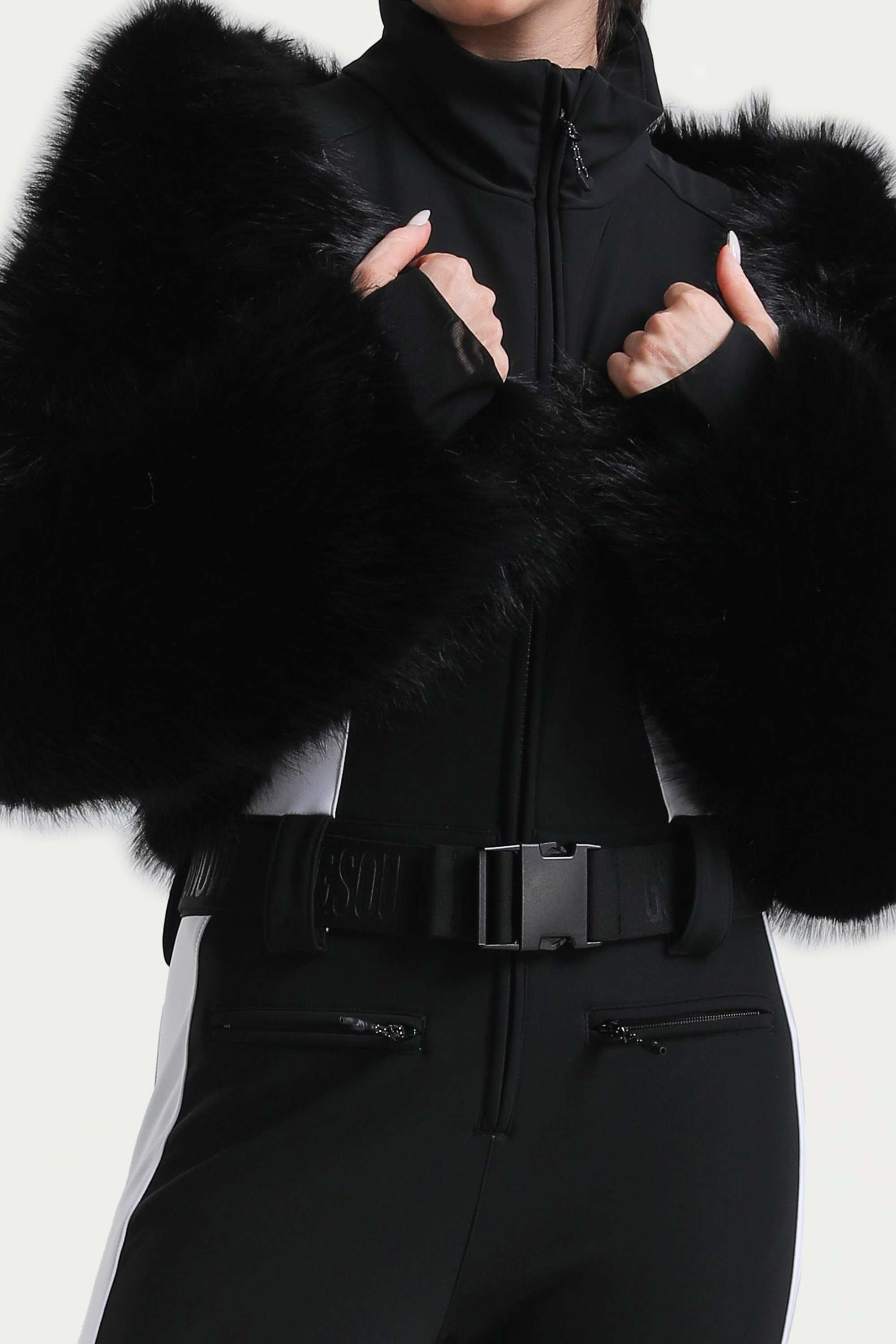 Women's Black Stylish Slim-Fit One-Piece Ski Suit With Detachable Faux Fox Fur Jacket & Flared Legs Snowboard Suit - Gsou Snow