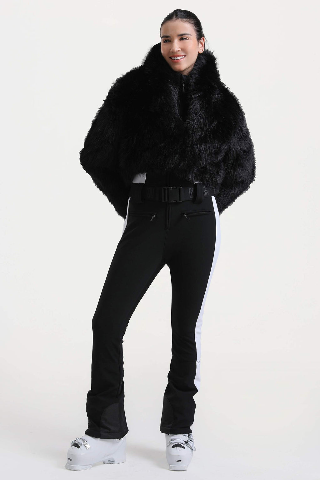 Women's White Slim-Fit Detachable Faux Fox Fur Flared-Leg One-Piece Ski Suit Snowboard Suit