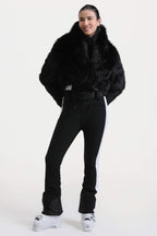 Women's Black Slim-Fit Detachable Faux Fox Fur Flared-Leg One-Piece Ski Suit Snowboard Suit