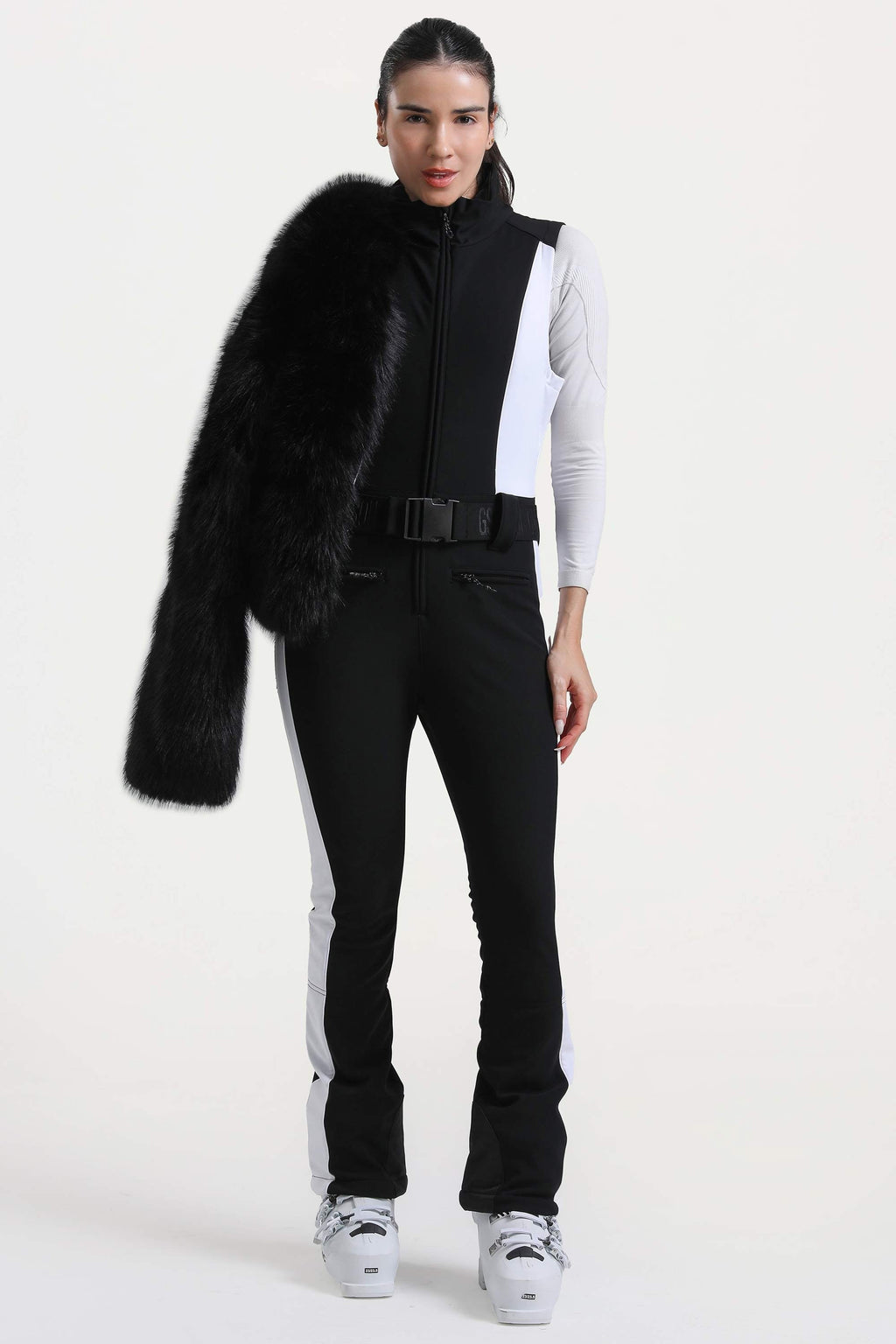 Women's Black Stylish Slim-Fit One-Piece Ski Suit With Detachable Faux Fox Fur Jacket & Flared Legs Snowboard Suit - Gsou Snow