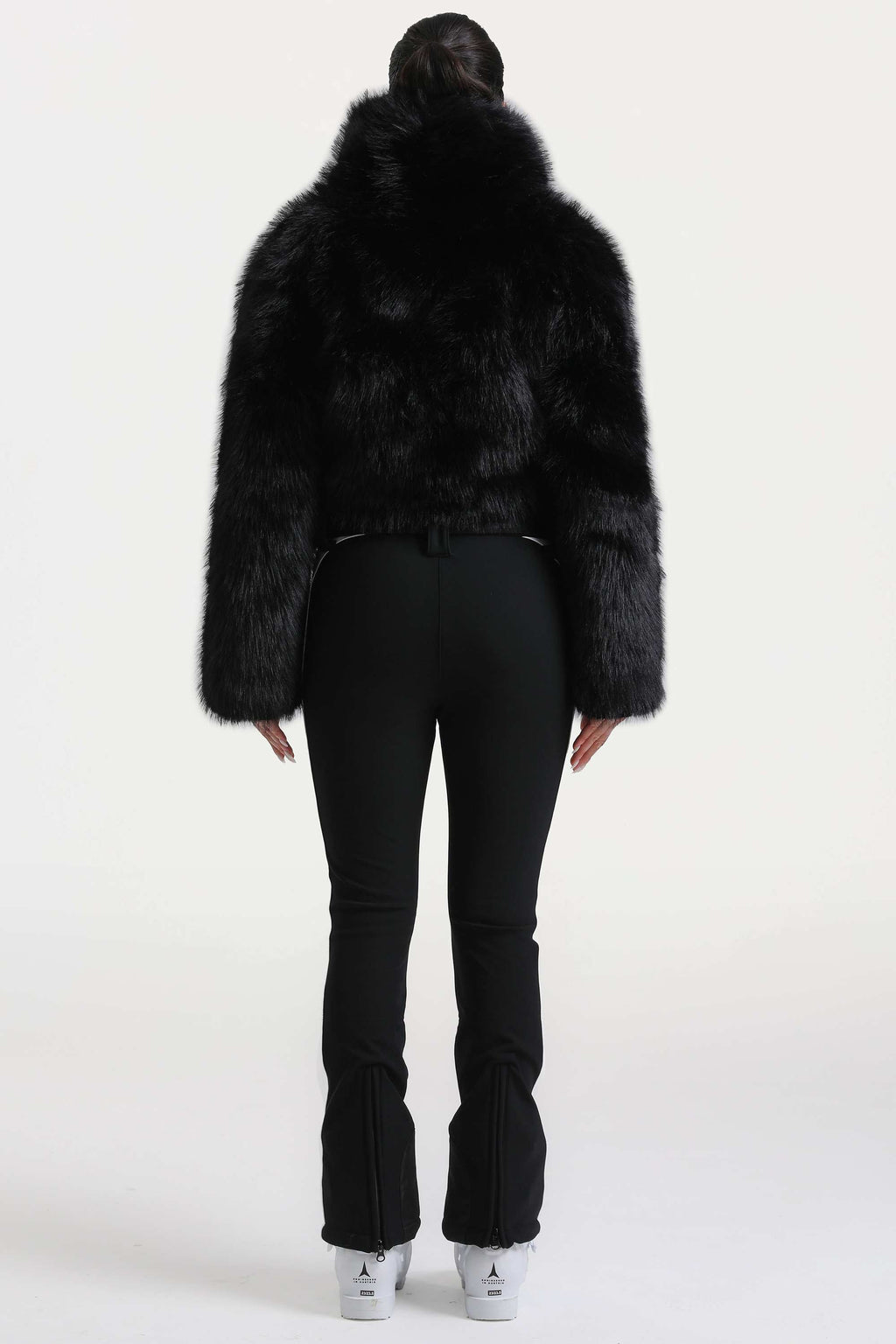 Women's Black Stylish Slim-Fit One-Piece Ski Suit With Detachable Faux Fox Fur Jacket & Flared Legs Snowboard Suit - Gsou Snow