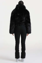 Women's Black Stylish Slim-Fit One-Piece Ski Suit With Detachable Faux Fox Fur Jacket & Flared Legs Snowboard Suit - Gsou Snow