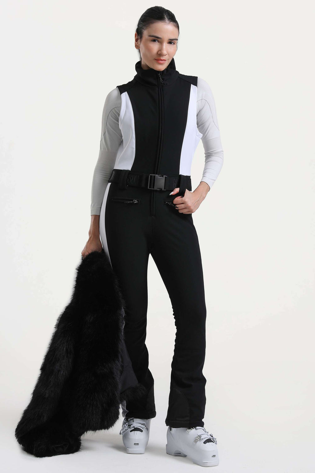 Women's Khaki Stylish Slim-Fit One-Piece Ski Suit With Detachable Faux Fox Fur Jacket & Flared Legs Snowboard Suit - Gsou Snow