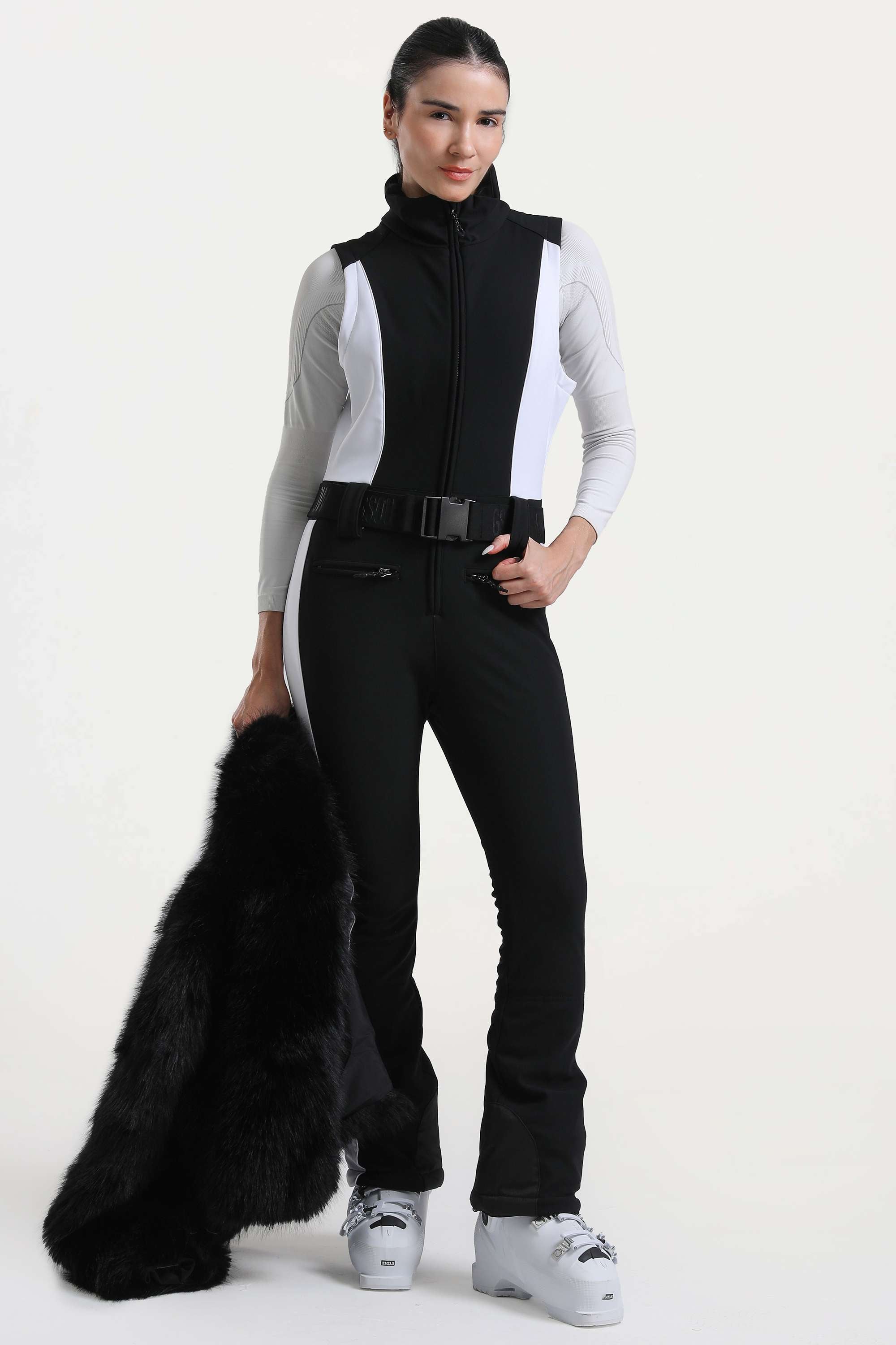Women's Khaki Stylish Slim-Fit One-Piece Ski Suit With Detachable Faux Fox Fur Jacket & Flared Legs Snowboard Suit - Gsou Snow