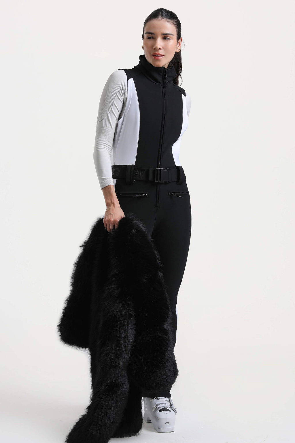 Women's White Stylish Slim-Fit One-Piece Ski Suit With Detachable Faux Fox Fur Jacket & Flared Legs Snowboard Suit - Gsou Snow