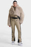 Women's Khaki Slim-Fit Detachable Faux Fox Fur Flared-Leg One-Piece Ski Suit Snowboard Suit