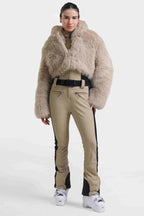 Women's Khaki Stylish Slim-Fit One-Piece Ski Suit With Detachable Faux Fox Fur Jacket & Flared Legs Snowboard Suit - Gsou Snow