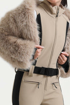 Women's Khaki Slim-Fit Detachable Faux Fox Fur Flared-Leg One-Piece Ski Suit Snowboard Suit