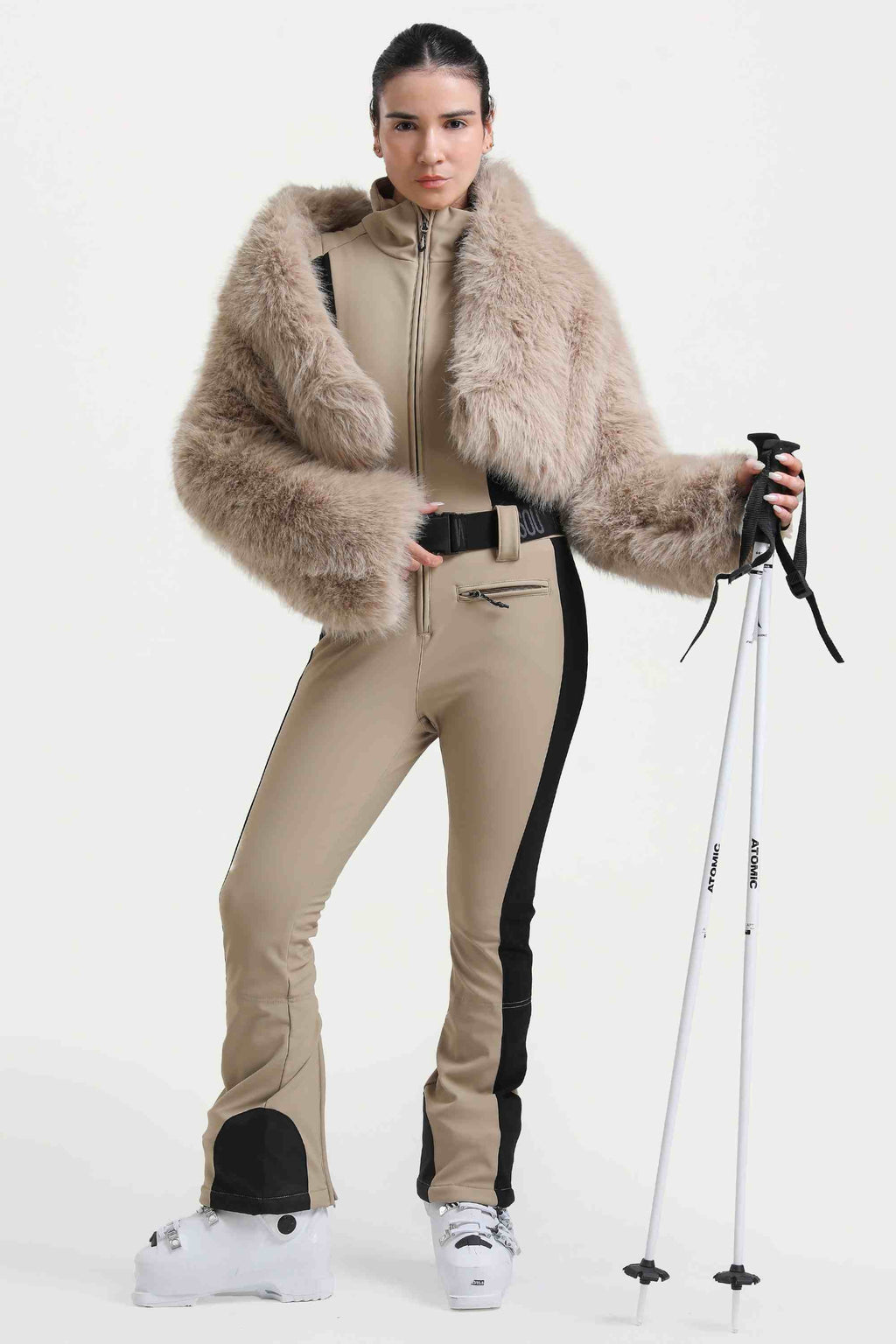 Women's White Slim-Fit Detachable Faux Fox Fur Flared-Leg One-Piece Ski Suit Snowboard Suit