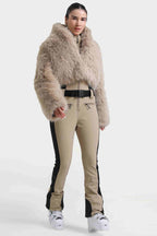 Women's Khaki Stylish Slim-Fit One-Piece Ski Suit With Detachable Faux Fox Fur Jacket & Flared Legs Snowboard Suit - Gsou Snow