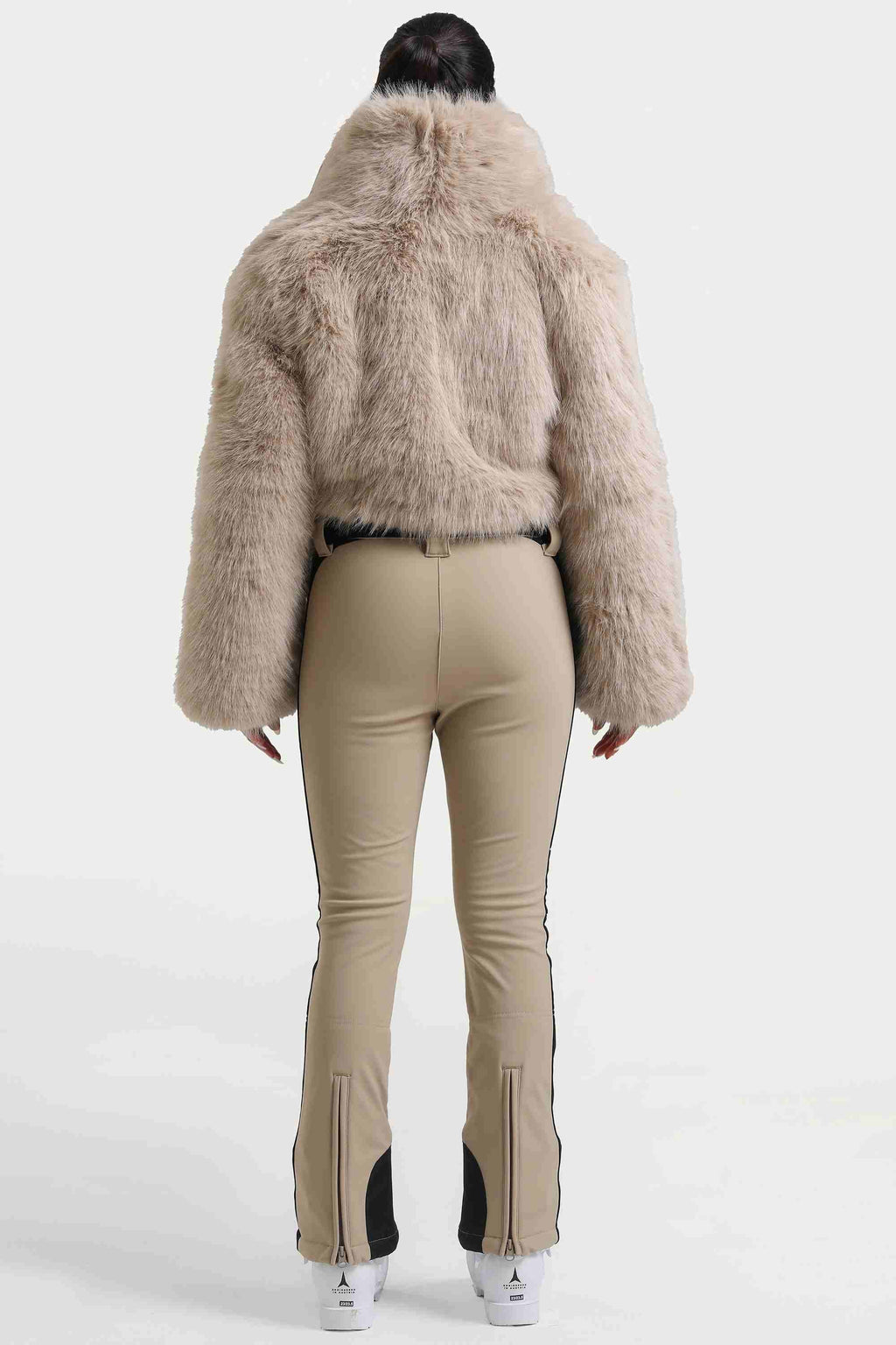 Women's Khaki Stylish Slim-Fit One-Piece Ski Suit With Detachable Faux Fox Fur Jacket & Flared Legs Snowboard Suit - Gsou Snow