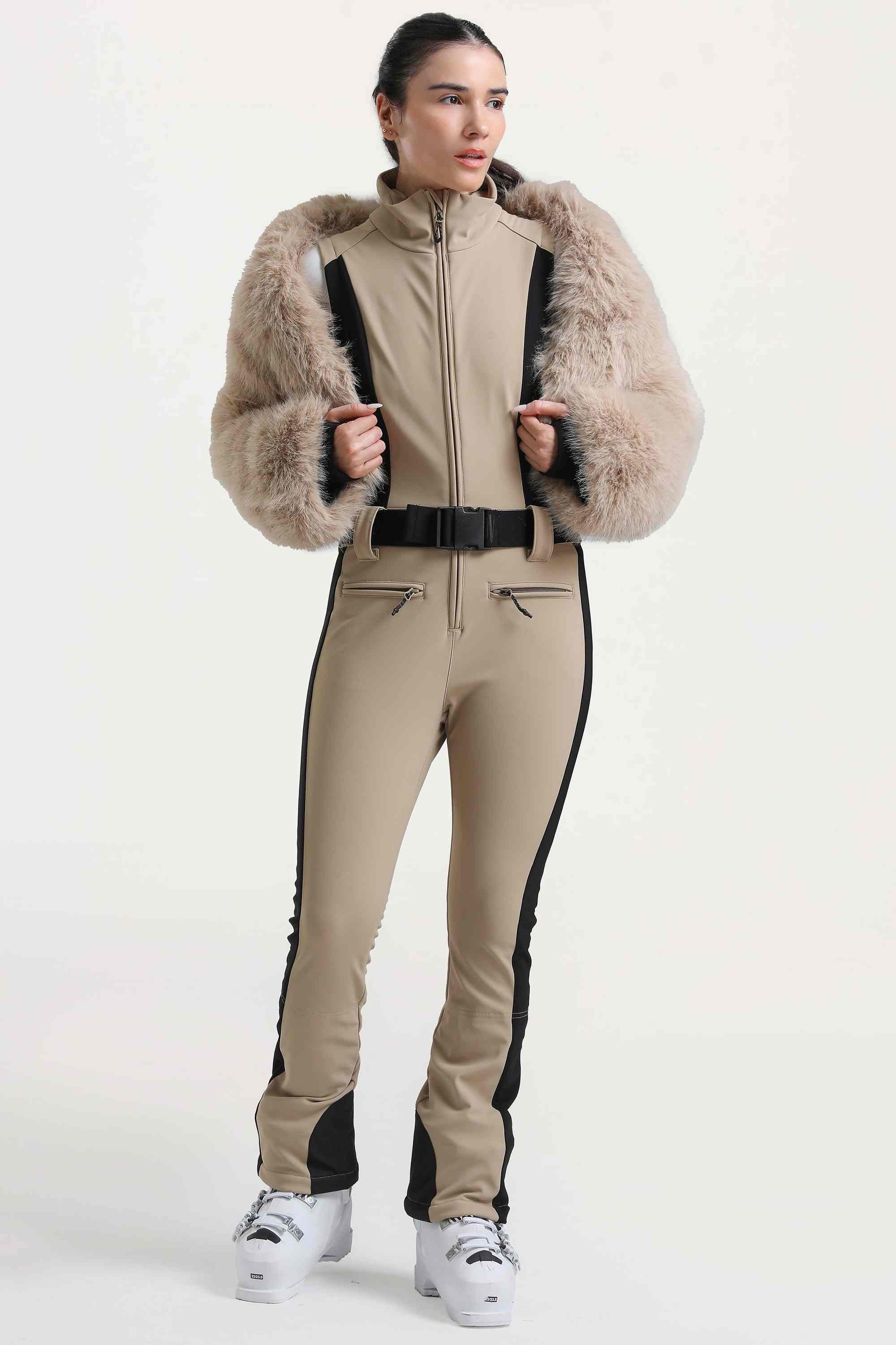 Women's Khaki Stylish Slim-Fit One-Piece Ski Suit With Detachable Faux Fox Fur Jacket & Flared Legs Snowboard Suit - Gsou Snow