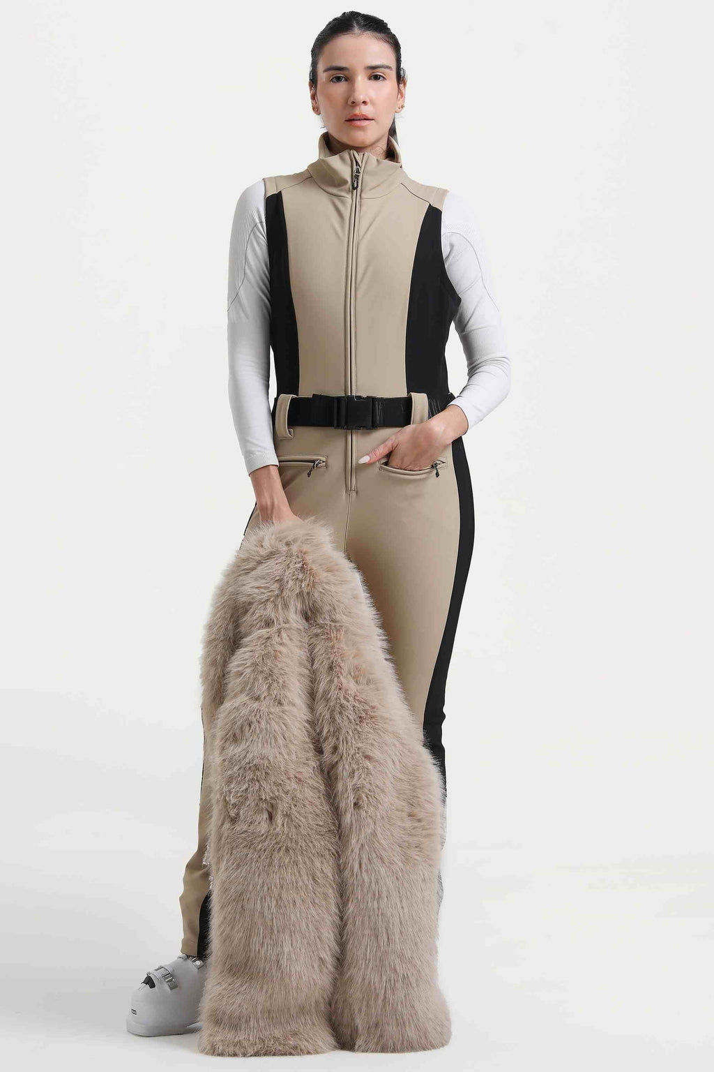 Women's White Slim-Fit Detachable Faux Fox Fur Flared-Leg One-Piece Ski Suit Snowboard Suit
